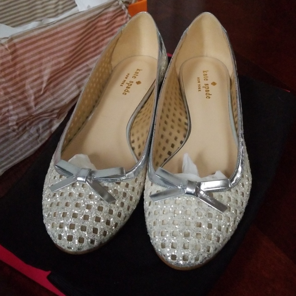 Kate Spade Bellina White Glitter Ballet Flats NWT